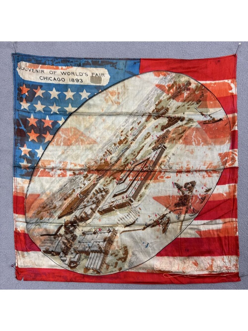 Antique World's Fair Chicago 1893 Silk Handkerchief patriotic flag Van De Bogart
